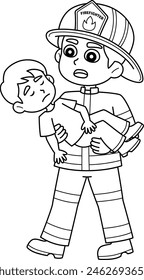 Firefighter Saving the Kid Isolated Coloring Page