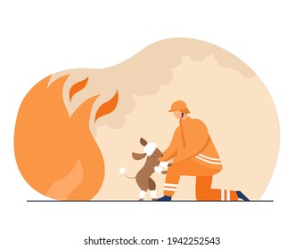 Firefighter Saving Life Of Scared Poodle. Pet, Fire, Dog Flat Vector Illustration. Firefighting And Emergency Service Concept For Banner, Website Design Or Landing Web Page