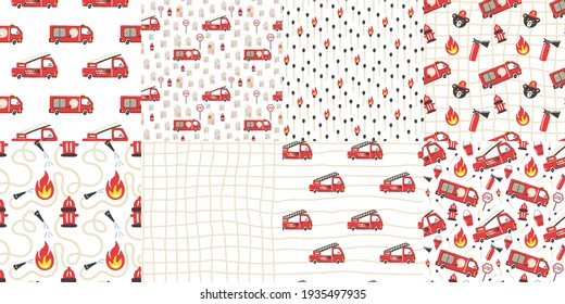 Firefighter seamless pattern collection. Fire truck with ladder extinguisher and hose. Hand drawn cartoon scandinavian doodle cars set. Decor textile, wrapping paper wallpaper vector print or fabric