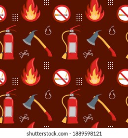 Firefighter Seamless Pattern with Fire Extinguisher, No Smoking Sign, Flame, and Axe. You can use this design to create poster, tshirt, pillow, tote bag, pouch, phone case, etc.