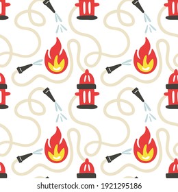 Firefighter seamless pattern. Fire hydrant and hose. Hand drawn cartoon scandinavian childish doodle collection. Decor textile wrapping paper wallpaper vector print or fabric