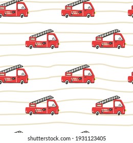 Firefighter seamless pattern. Fire truck with ladder extinguisher and hose. Hand drawn cartoon trendy scandinavian childish doodle cars. Decor textile, wrapping paper wallpaper vector print or fabric