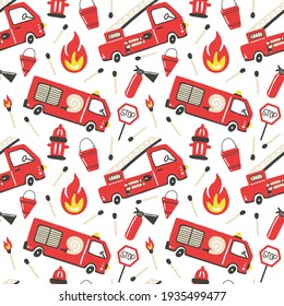 Firefighter seamless pattern. Fire truck with ladder extinguisher and hose. Hand drawn cartoon trendy scandinavian childish doodle cars. Decor textile, wrapping paper wallpaper vector print or fabric