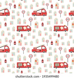 Firefighter seamless pattern. Fire truck with ladder extinguisher and burning house. Hand drawn cartoon scandinavian childish doodle cars. Decor textile wrapping paper wallpaper vector print or fabric