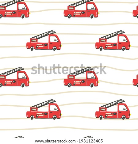 Firefighter seamless pattern. Fire truck with ladder extinguisher and hose. Hand drawn cartoon trendy scandinavian childish doodle cars. Decor textile, wrapping paper wallpaper vector print or fabric