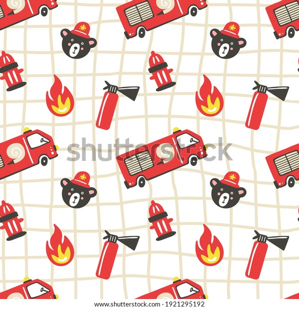 Firefighter seamless pattern. Fire truck with\
ladder extinguisher and hose. Hand drawn cartoon trendy\
scandinavian childish doodle cars. Decor textile, wrapping paper\
wallpaper vector print or\
fabric