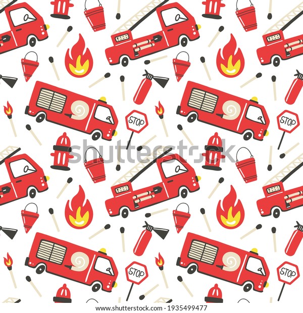 Firefighter seamless pattern. Fire truck with\
ladder extinguisher and hose. Hand drawn cartoon trendy\
scandinavian childish doodle cars. Decor textile, wrapping paper\
wallpaper vector print or\
fabric