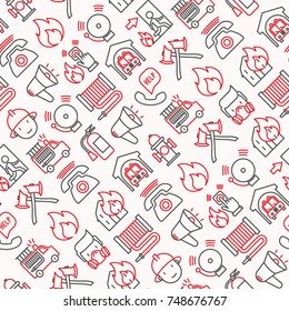 Firefighter seamless pattern with thin line icons: fire, extinguisher, axes, hose, hydrant. Modern vector illustration for banner, web page, print media.