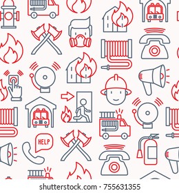 Firefighter seamless pattern with thin line icons: fire, extinguisher, axes, hose, hydrant. Modern vector illustration for banner, web page, print media.