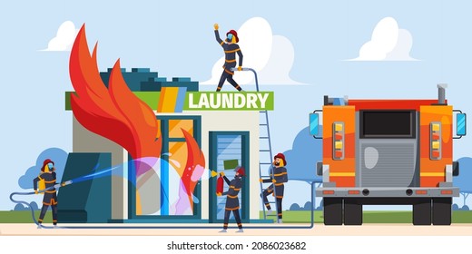 Firefighter service. Building attack flame professional fireman rescue departments fire on house facades garish vector cartoon background