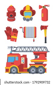 Equipo de servicio de bomberos. Equipo de extinción de incendios máscara de columna de agua al aire libre con guantes protectores de respirador de la manguera hidrante y máquina especializada con escalera. Caricatura vectorial.