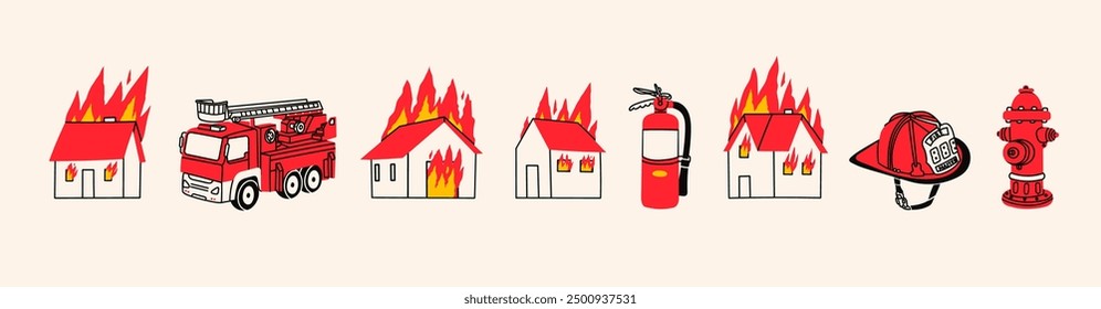 Firefighter Set, building on fire. Emergency equipment. Burning house, helmet, hose, hydrant, extinguisher, fire truck. Hand drawn Vector illustration. Isolated design elements