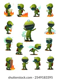 Firefighter. Set of characters. Extreme dangerous situation. Lifeguard service. Object isolated on white background. Cartoon fun style Illustration vector