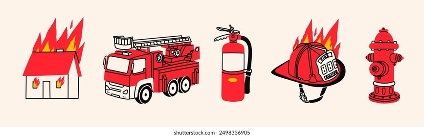 Firefighter Set. Emergency equipment. Burning house, helmet, hose, hydrant, extinguisher, fire truck. Hand drawn Vector illustration. Isolated design elements