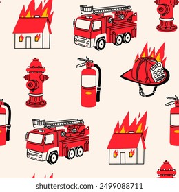 Firefighter Set. Emergency equipment. Burning house, helmet, hose, hydrant, extinguisher, fire truck. Hand drawn Vector illustration. Cartoon style. Square seamless Pattern, background, wallpaper