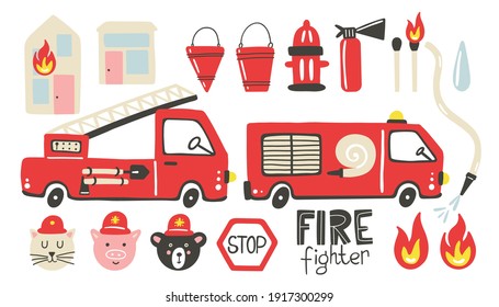 Firefighter set. Fire truck, extinguisher and hydrant. Hand drawn trendy scandinavian style childish collection, kids doodle cars, textile print and nursery decoration cartoon isolated illustration