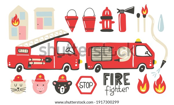 Firefighter set. Fire truck, extinguisher\
and hydrant. Hand drawn trendy scandinavian style childish\
collection, kids doodle cars, textile print and nursery decoration\
cartoon isolated\
illustration