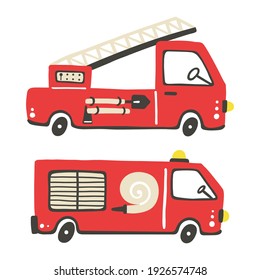 Firefighter set. Fire truck with ladder extinguisher and hose. Hand drawn trendy scandinavian style childish collection, kids doodle cars, textile print and nursery decor cartoon isolated illustration