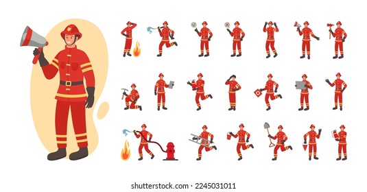 Firefighter set, fireman characters in different poses in hat and helmet. Male job with hose, people work in water, flame safety. Emergency service vector cartoon flat tidy illustration