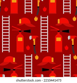 Firefighter set pattern seamless. Fire extinguisher and axe background. ladder and fireman helmet texture