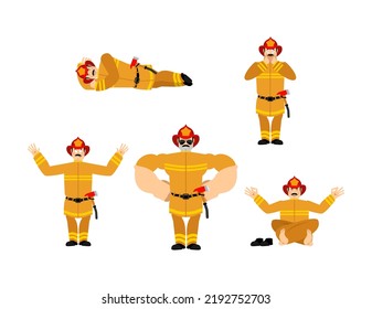 Firefighter set poses and motion. Fireman happy and yoga. man sleeping and angry. guilty and sad.