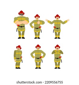 Firefighter set poses and motion. Fireman happy and yoga. man sleeping and angry. guilty and sad.