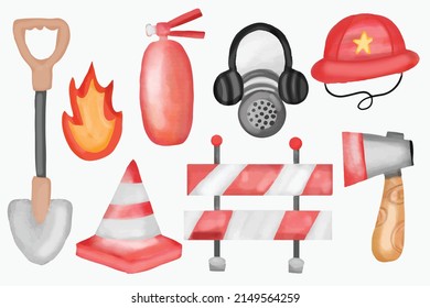 firefighter. Set of watercolor fire department tools isolated on white background. fireman