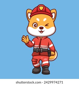 Firefighter Shiba Inu Cute Cartoon Illustration