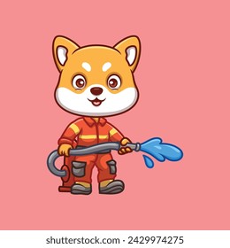 Firefighter Shiba Inu Cute Cartoon Illustration