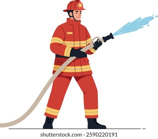 The firefighter shifts stance while spraying water on a fire, showcasing dynamic movement and determination.