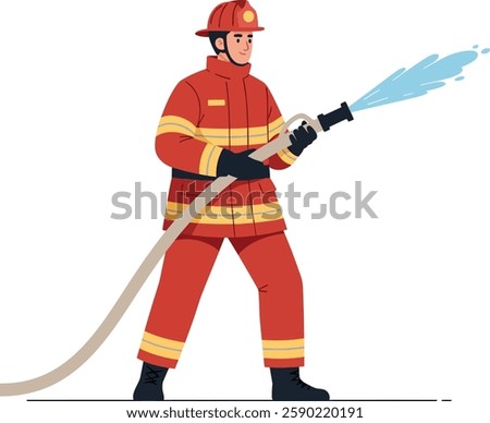 The firefighter shifts stance while spraying water on a fire, showcasing dynamic movement and determination.