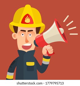 Firefighter shouts into a megaphone, fire in a house, a dangerous situation, a portrait, a close up. Warning, burning building. Vector illustration, flat design, cartoon style, isolated.