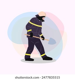 Firefighter with shovel vector illustration. Man in protective clothes with tool for extinguishing fire. Fireman job, safety, rescuing, training concept
