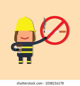 Firefighter showing a no smoking sign with a coffee, vector illustration design. Firefighting collection.
