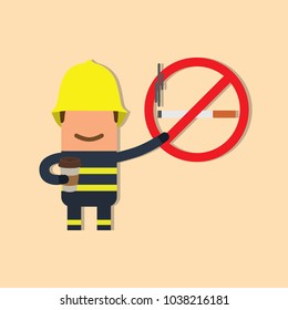 Firefighter showing a no smoking sign with a coffee, vector illustration design. Firefighting collection.