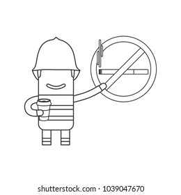 Firefighter showing a no smoking sign with a coffee, vector illustration design. Firefighting collection.