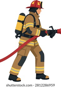 firefighter side profile facing right with helmet and hose, full body, flat vector illustration