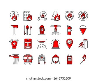 Firefighter Sign Color Thin Line Icon Set Include of Axe, Extinguisher, Hose and Alarm. Vector illustration of Icons