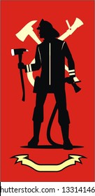 Firefighter silhouette with the axe and sprinkler, red color background combine with the yellow silhouette of axe and sprinkler and the yellow ribbon