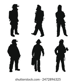 Firefighter Silhouette black Clipart Set, Firefighters Silhouettes vector Bundle