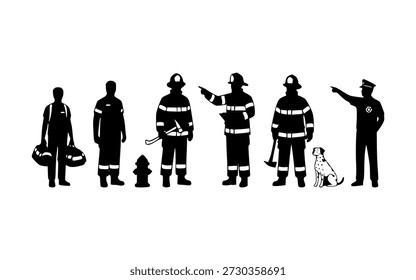 Firefighter silhouette icon set featuring emergency responders in various poses and equipment. Concept representing fire rescue, emergency services, bravery, safety, and public protection.