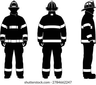 Firefighter silhouette set with uniform shown from multiple perspective angles