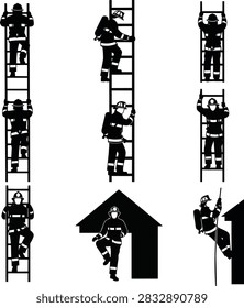 Firefighter silhouettes climbing ladders and performing rescue actions