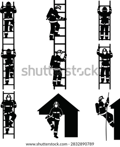 Firefighter silhouettes climbing ladders and performing rescue actions