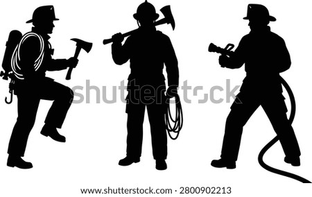 Firefighter silhouettes with equipment, fireman holding axe, rope, hose, emergency rescue service illustration, bravery, heroic team, danger protection, safety