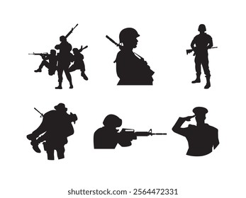 Firefighter silhouettes set, fireman pack of vector silhouette design, isolated background. Firefighter Silhouette Set - Fireman Vector Designs with Isolated Background