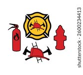 Firefighter simple icon set vector isolated on a white background. Firefighting symbols graphic design element. Fire helmet, axe, ladder, hydrant, fireplug collection