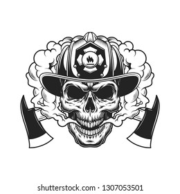 Firefighter skull and crossed axes in smoke cloud in vintage monochrome style isolated vector illustration