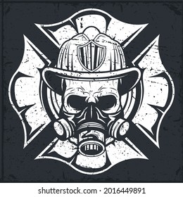 Firefighter skull with helmet and mask on black background