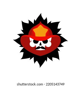 Firefighter Skull in helmet sign. Fire ax and flame. Fire department symbol. fireman emblem 